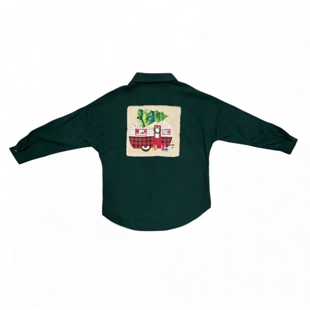 Green Corduroy Button Down with Festive Camper Christmas Tree Design Large - Picture 9 of 9